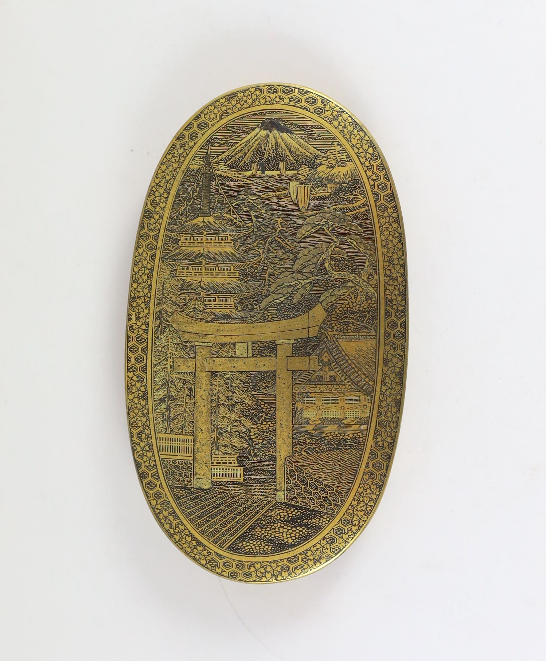 A group of Japanese damascened iron vanity items, by Fujii Yoshitoyo Damascene Co., Meiji period